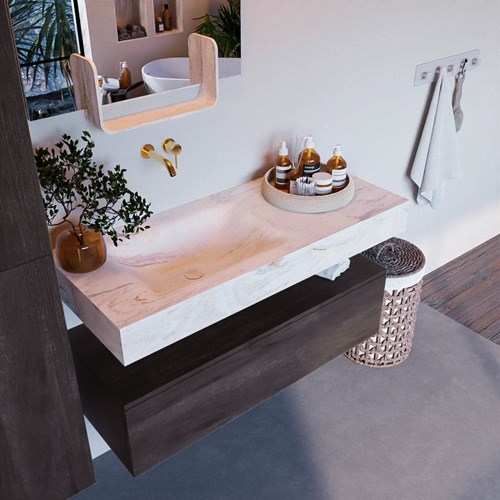ALAN-DLUX 110cm badmeubel onderkast Dark Brown 1 lade. Vrijhangende wastafel CLOUD links zonder kraangat, kleur Ostra.