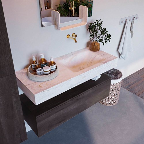 ALAN-DLUX 110cm badmeubel onderkast Dark Brown 1 lade. Vrijhangende wastafel CLOUD rechts zonder kraangat, kleur Ostra.