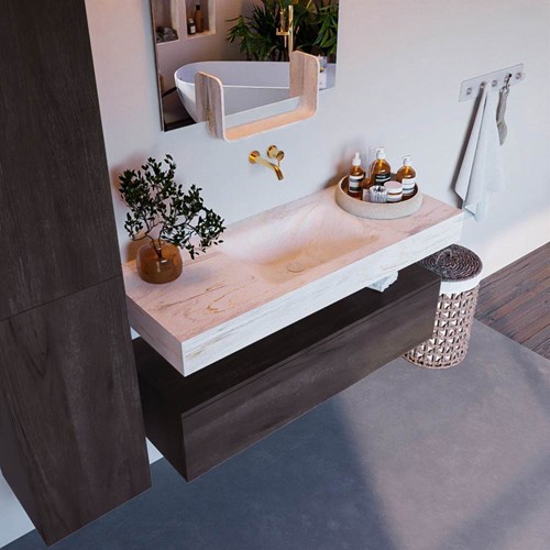ALAN-DLUX 120cm badmeubel onderkast Dark Brown 1 lade. Vrijhangende wastafel CLOUD midden zonder kraangat, kleur Ostra.