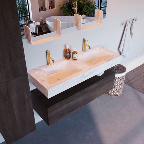 ALAN-DLUX 120cm badmeubel onderkast Dark Brown 1 lade. Vrijhangende wastafel CLOUD dubbel 2 kraangaten, kleur Ostra.