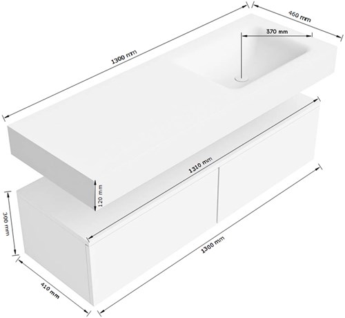 Lijntekening | ALAN 2 | Onderkast 130cm | Rechts | 2 Lades
