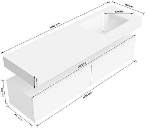 Lijntekening | ALAN 2 | Onderkast 160cm | Rechts | 2 Lades
