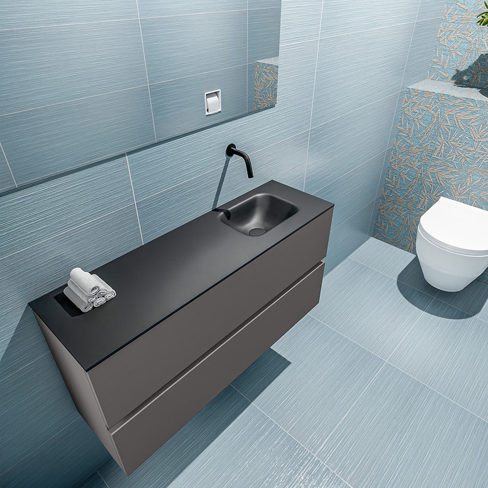 Fonteinmeubel grijs met solid surface wastafel zwart Ada 2 lades