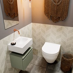ANDOR 40cm toiletmeubel army. LEX 40cm wastafel talc positie rechts. Zonder kraangat