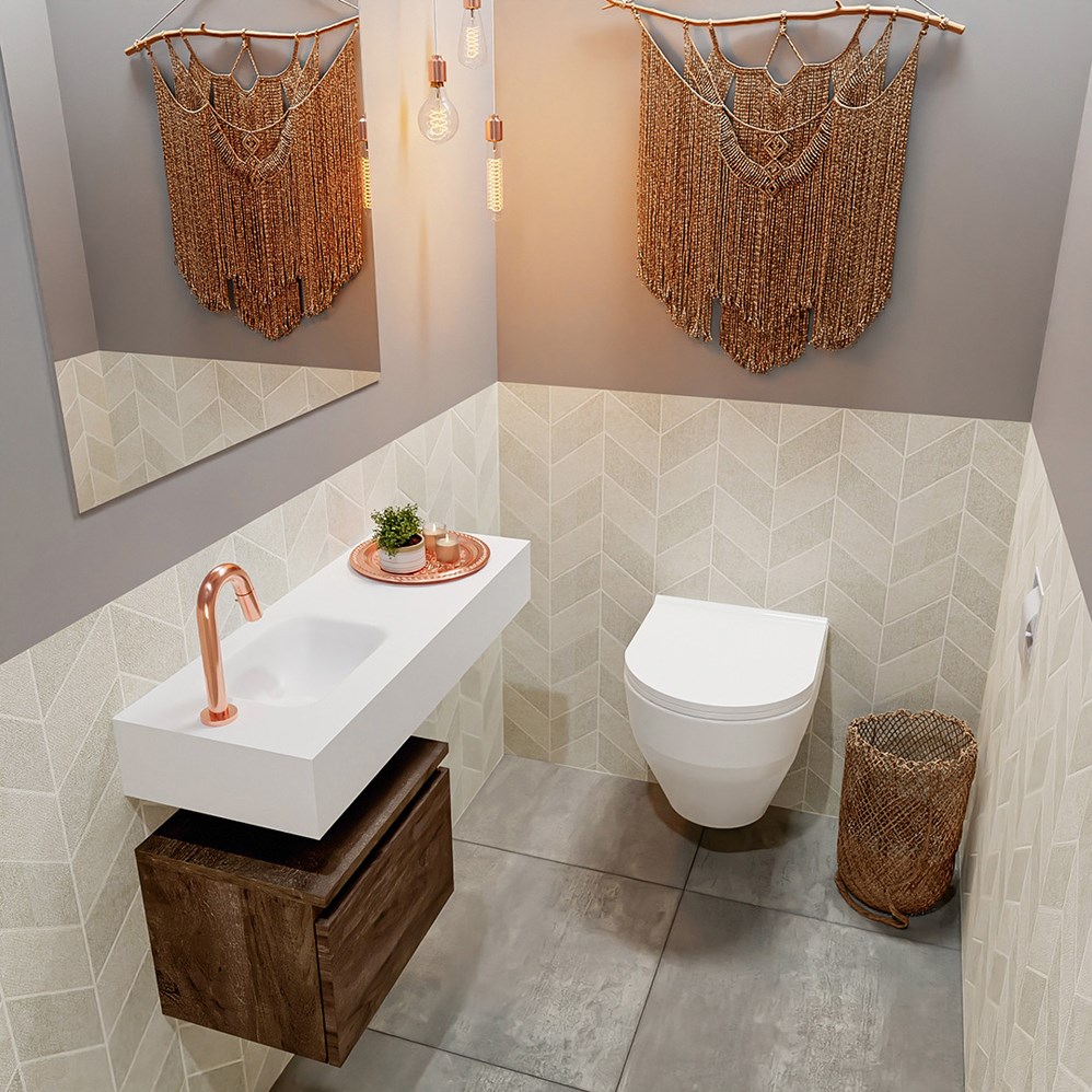 vrijhangende wastafel solid surface met fonteinmeubel 1 lade in hout kleur