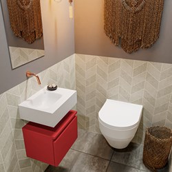 ANDOR 40cm toiletmeubel fire. LEX 40cm wastafel talc positie links. Zonder kraangat