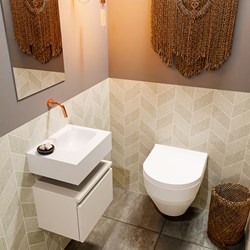 ANDOR 40cm toiletmeubel linen. LEX 40cm wastafel talc positie rechts. Zonder kraangat