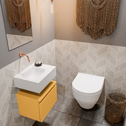 ANDOR 40cm toiletmeubel ocher. LEX 40cm wastafel talc positie links. Zonder kraangat