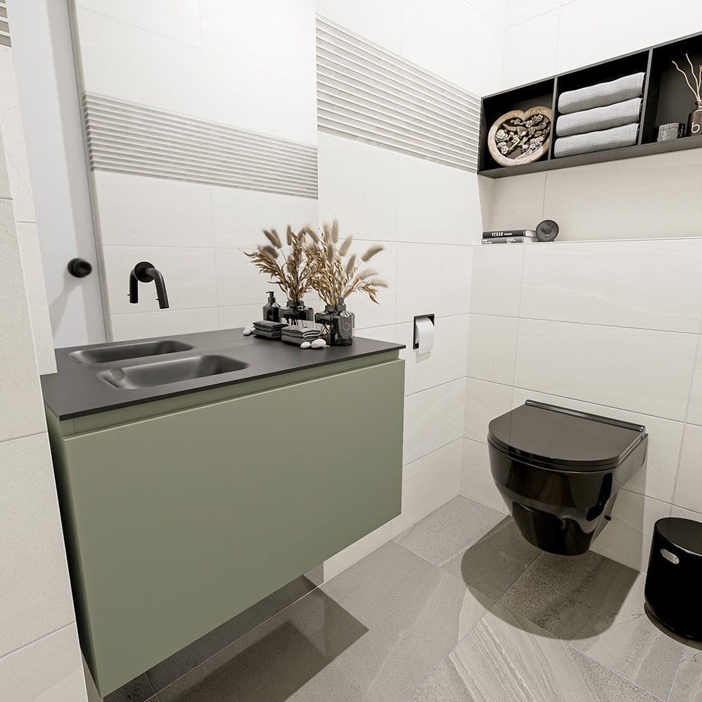 fonteinmeubel groen met 1 lade solid surface wastafel zwart Olan