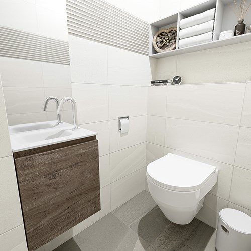 OLAN 40cm cloakroom vanity set Dark Brown. Vanity top LEX Talc position Left 1 tab hole.