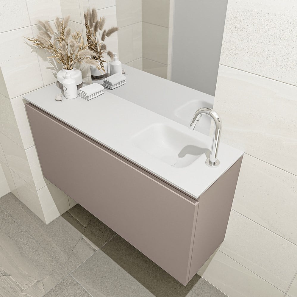 Fonteinmeubel met solid surface wastafel Olan Fonteinmeubel beige met 1 lade met solid surface wastafel wit Olan
