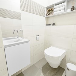 OLAN 40cm cloakroom vanity set Talc. Vanity top LEX Talc position Left 1 tab hole.