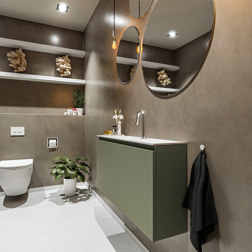 toiletmeubel ture in het groen met 2 deuren en solid surface wastafel in het wit