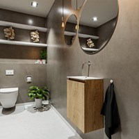 TURE 40cm cloakroom vanity set Washed Oak. Vanity top EDEN Talc position Left without tab hole.