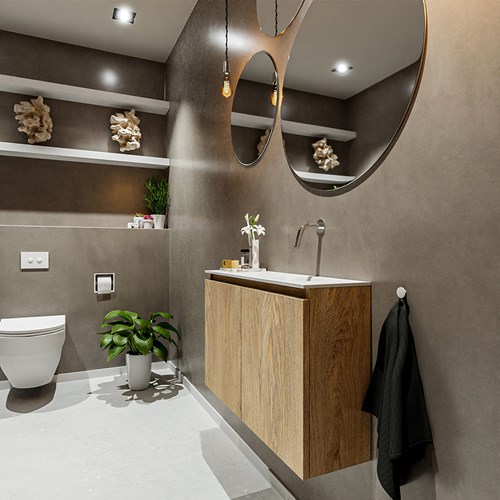 TURE 80cm toiletmeubel washed oak. EDEN wastafel talc positie rechts. Zonder kraangat