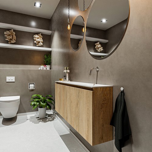 TURE 120cm toiletmeubel washed oak. EDEN wastafel talc positie rechts. Zonder kraangat