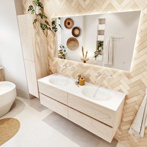 VICA 140cm badmeubel onderkast Underlayment 4 lades. Wastafel MOON dubbel zonder kraangat, kleur Talc.