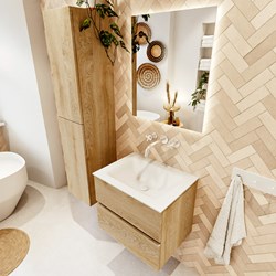 VICA 60cm badmeubel onderkast Washed Oak 2 lades. Wastafel CLOUD midden zonder kraangat, kleur Talc.