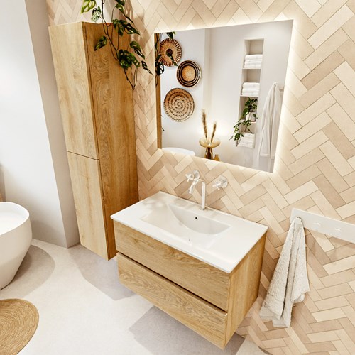 VICA 80cm badmeubel onderkast Washed Oak 2 lades. Wastafel DENIA midden 1 kraangat, kleur Glanzend Wit.