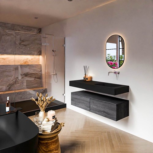 ALAN 130cm badmeubel onderkast Antracite 2 lades. Vrijhangende wastafel CLOUD Rechts zonder kraangat kleur Urban.