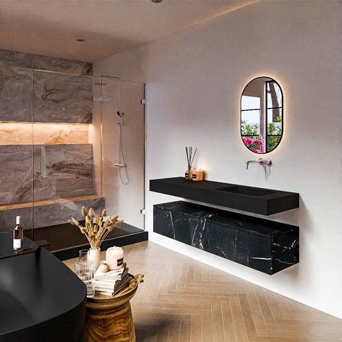 ALAN 150cm badmeubel onderkast Marquina 1 lade. Vrijhangende wastafel CLOUD Rechts zonder kraangat kleur Urban.