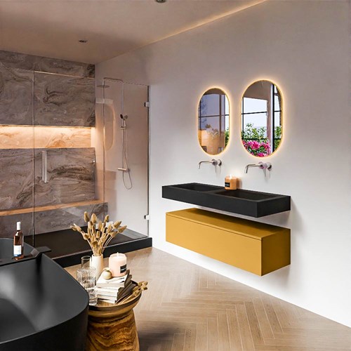 ALAN 120cm badmeubel onderkast Ocher 1 lade. Vrijhangende wastafel CLOUD Dubbel zonder kraangat kleur Urban.