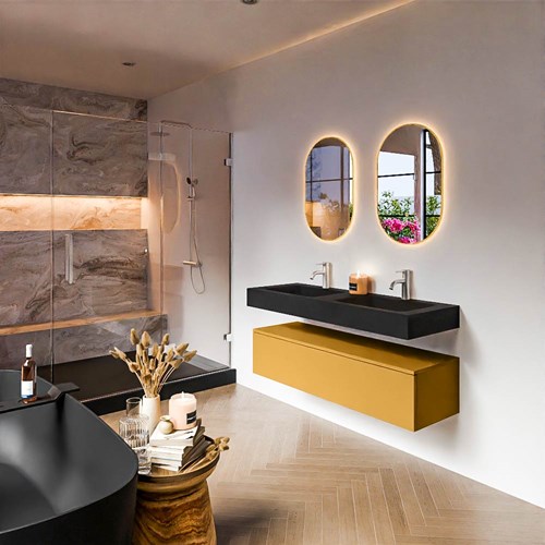 ALAN 130cm badmeubel onderkast Ocher 1 lade. Vrijhangende wastafel CLOUD Dubbel 2 kraangaten kleur Urban.