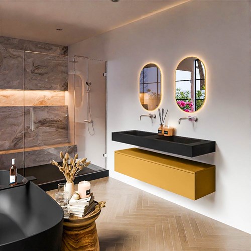 ALAN 140cm badmeubel onderkast Ocher 1 lade. Vrijhangende wastafel CLOUD Dubbel zonder kraangat kleur Urban.