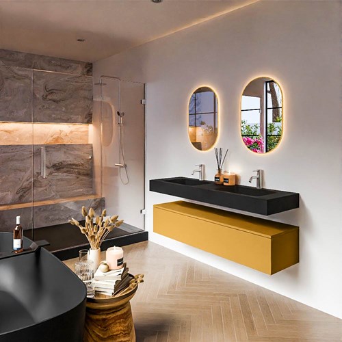 ALAN 150cm badmeubel onderkast Ocher 1 lade. Vrijhangende wastafel CLOUD Dubbel 2 kraangaten kleur Urban.