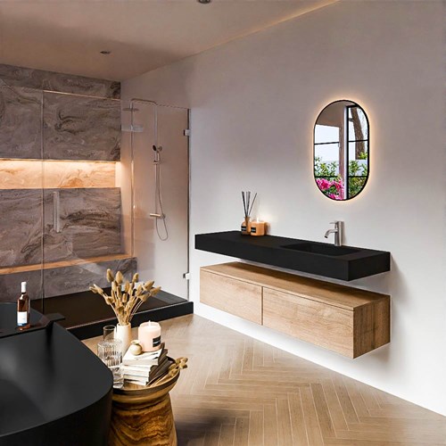 ALAN 150cm badmeubel onderkast Washed Oak 2 lades. Vrijhangende wastafel CLOUD Rechts 1 kraangat kleur Urban.
