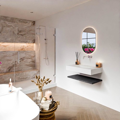 ALAN 80cm badmeubel Melamine planchet Antracite. Vrijhangende wastafel CLOUD Midden zonder kraangat kleur Talc.