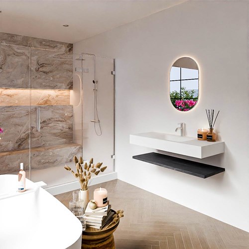 ALAN 110cm badmeubel Melamine planchet Antracite. Vrijhangende wastafel CLOUD Midden 1 kraangat kleur Talc.