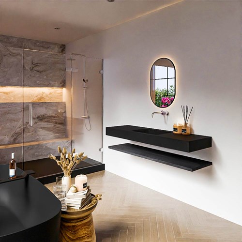 ALAN 150cm badmeubel Melamine planchet Antracite. Vrijhangende wastafel CLOUD Midden zonder kraangat kleur Urban.