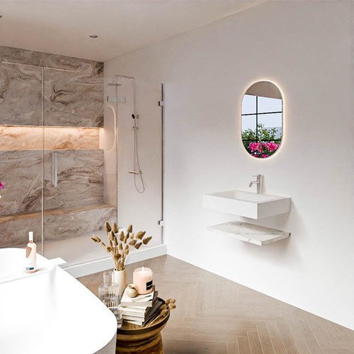ALAN 60cm bathroom vanity Melamine shelf Carrara. Wall mounted sink CLOUD Center 1 tab hole color Talc.