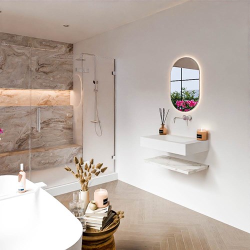 ALAN 70cm badmeubel Melamine planchet Carrara. Vrijhangende wastafel CLOUD Midden zonder kraangat kleur Talc.