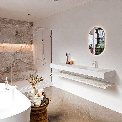 ALAN 190cm badmeubel Melamine planchet Carrara. Vrijhangende wastafel CLOUD Rechts 1 kraangat kleur Talc.