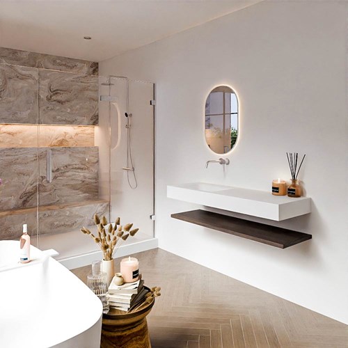 ALAN 130cm badmeubel Melamine planchet Dark Brown. Vrijhangende wastafel CLOUD Links zonder kraangat kleur Talc.