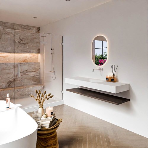 ALAN 150cm badmeubel Melamine planchet Dark Brown. Vrijhangende wastafel CLOUD Midden zonder kraangat kleur Talc.