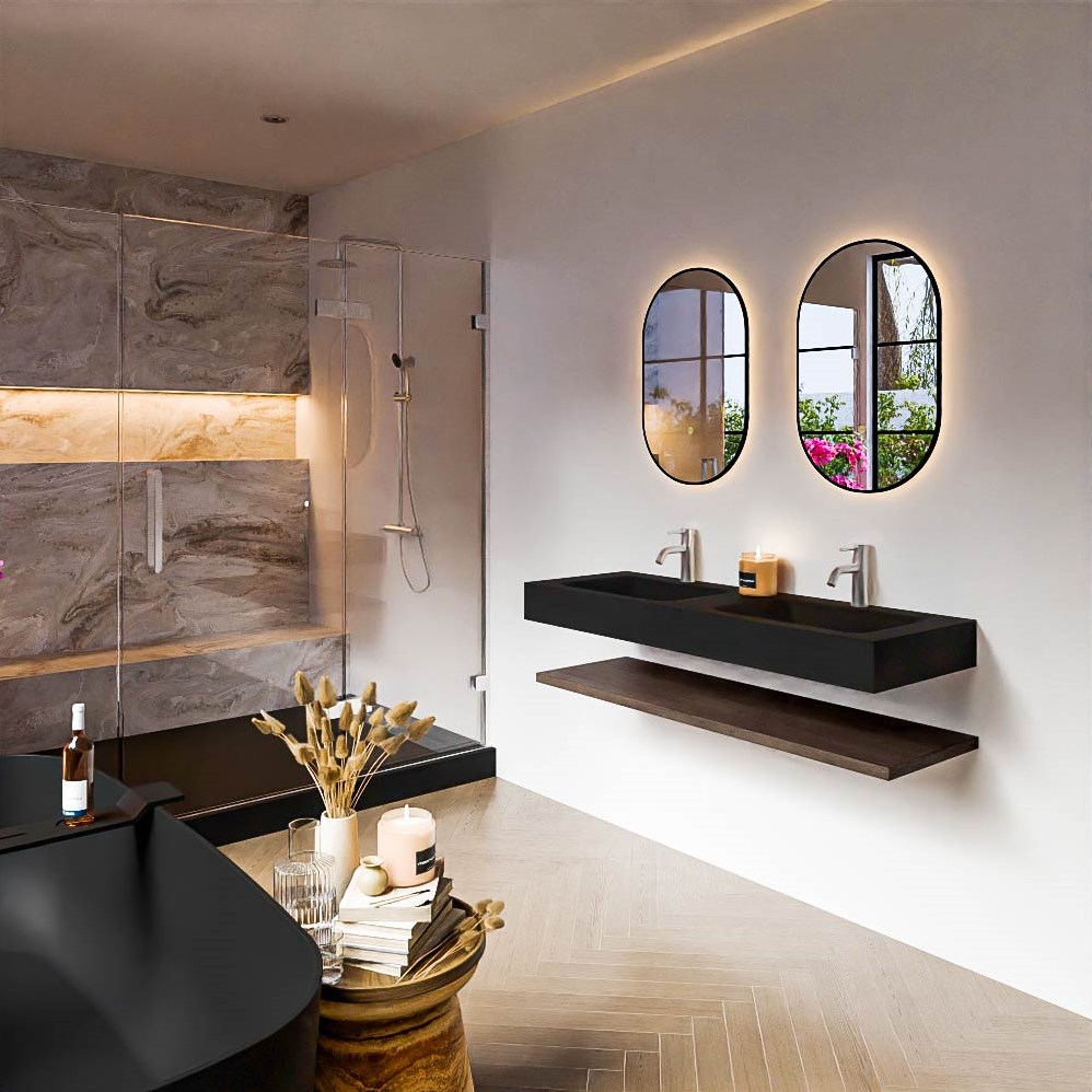 ALAN 130cm badmöbel Melamine ablageregal Dark Brown. Frei hängende waschtisch CLOUD Doppelt 2 hahnlöcher farbe Urban