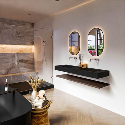ALAN 150cm badmeubel Melamine planchet Dark Brown. Vrijhangende wastafel CLOUD Dubbel zonder kraangat kleur Urban.