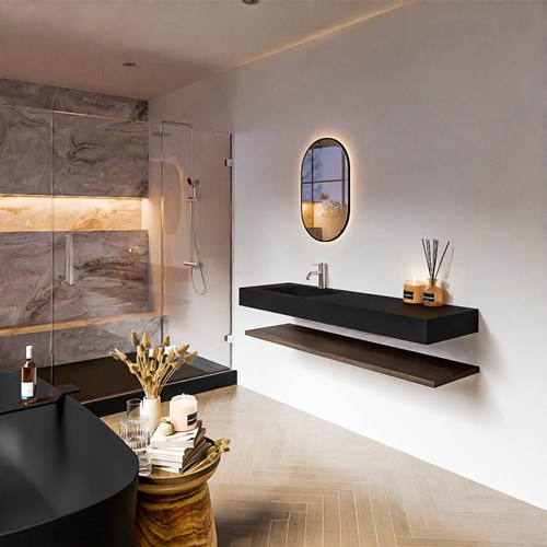ALAN 150cm badmeubel Melamine planchet Dark Brown. Vrijhangende wastafel CLOUD Links 1 kraangat kleur Urban.