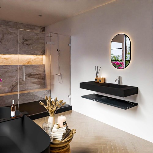 ALAN 110cm badmeubel Melamine planchet Marquina. Vrijhangende wastafel CLOUD Rechts 1 kraangat kleur Urban.