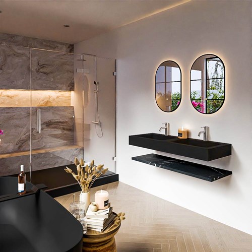 ALAN 120cm badmeubel Melamine planchet Marquina. Vrijhangende wastafel CLOUD Dubbel 2 kraangaten kleur Urban.