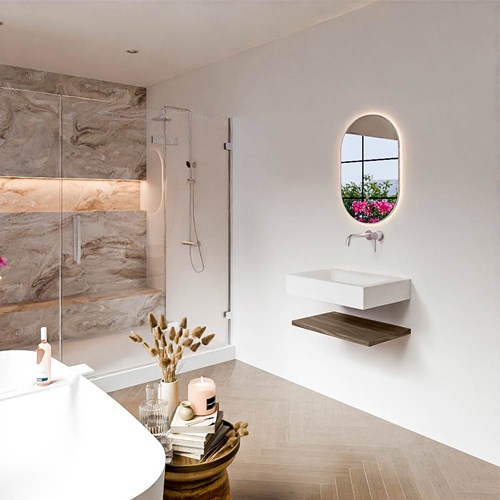 ALAN 60cm bathroom vanity Melamine shelf Mocha. Wall mounted sink CLOUD Center without tab hole color Talc.