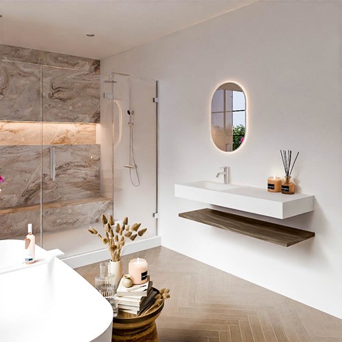 ALAN 120cm badmeubel Melamine planchet Mocha. Vrijhangende wastafel CLOUD Links 1 kraangat kleur Talc.