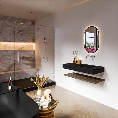 ALAN 100cm badmeubel Melamine planchet Mocha. Vrijhangende wastafel CLOUD Rechts zonder kraangat kleur Urban.