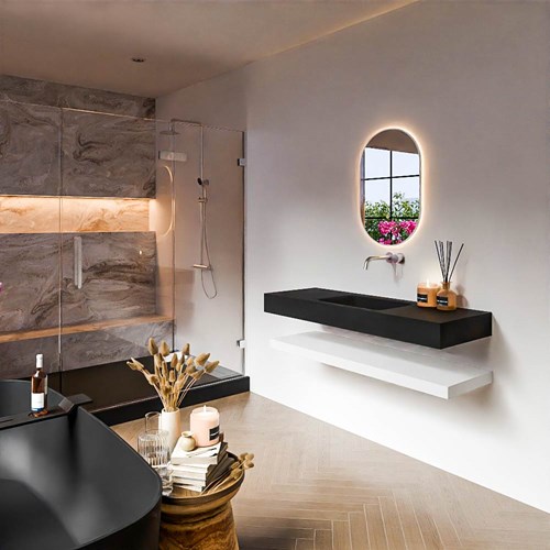 ALAN 130cm badmeubel Solid surface planchet Talc. Vrijhangende wastafel CLOUD Midden zonder kraangat kleur Urban.
