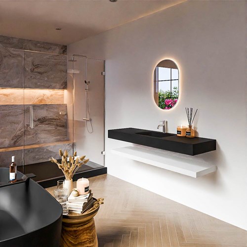 ALAN 150cm badmeubel Solid surface planchet Talc. Vrijhangende wastafel CLOUD Midden 1 kraangat kleur Urban.