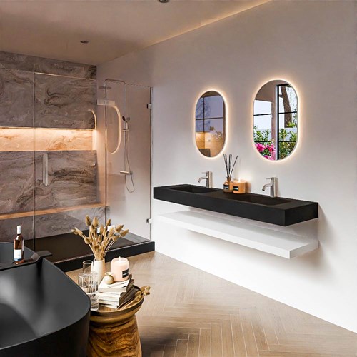 ALAN 160cm badmeubel Solid surface planchet Talc. Vrijhangende wastafel CLOUD Dubbel 2 kraangaten kleur Urban.