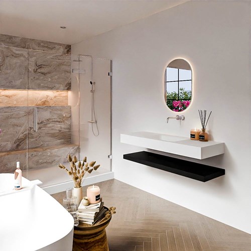 ALAN 130cm badmeubel Solid surface planchet Urban. Vrijhangende wastafel CLOUD Midden zonder kraangat kleur Talc.